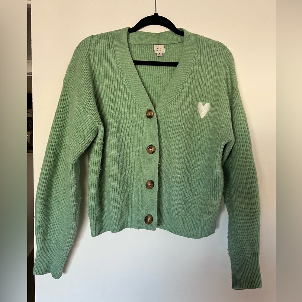 Teal four button cardigan with embroidered heart